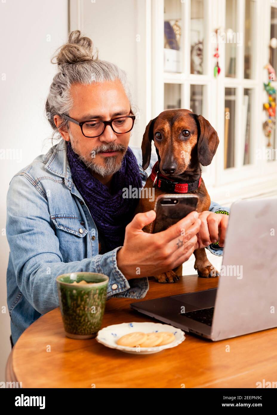 Handsome man working at home with laptop on the table together with his cute dog; concept: close relationship of dog and human Stock Photo