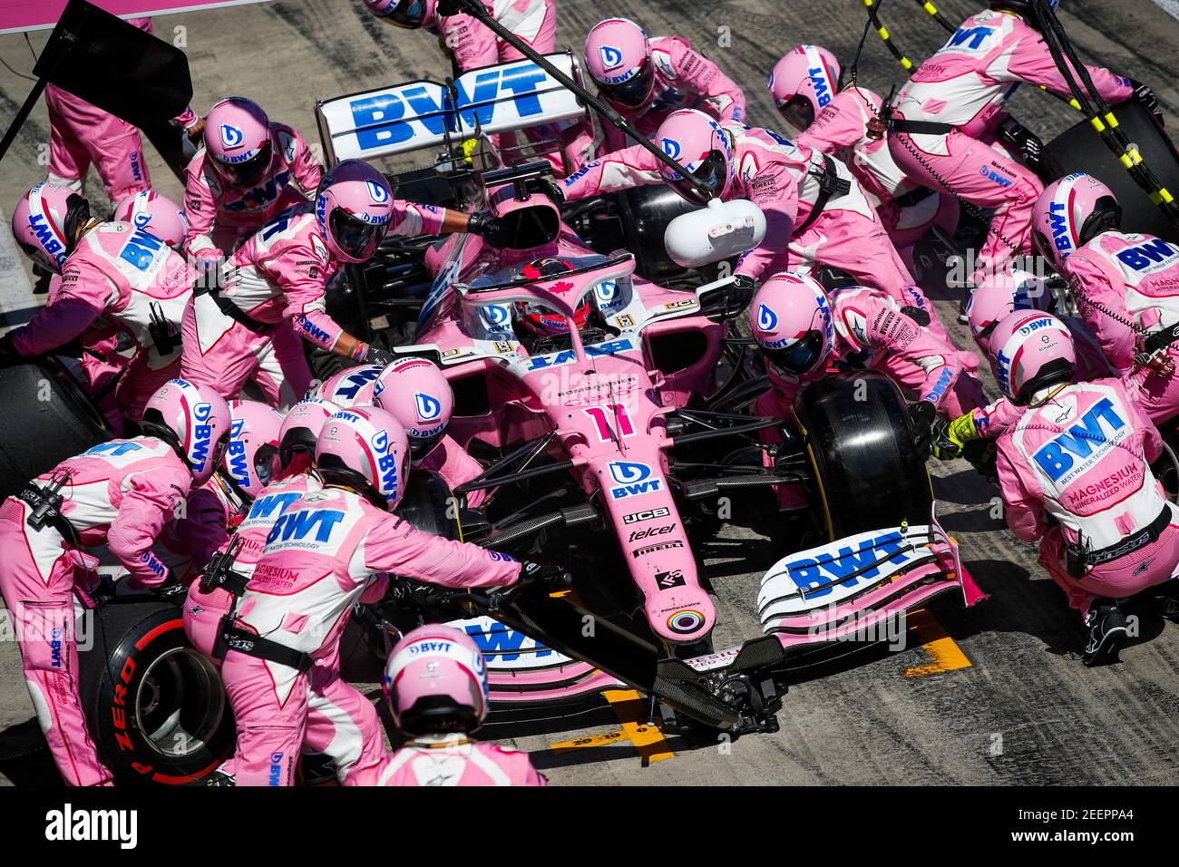 11 PEREZ Sergio (mex), Racing Point F1 RP20, action pitstop during the Formula  1 Rolex Grosser Preis von Osterreich 2020, Austrian Grand Prix from July 02  to 05, 2020 on the Red