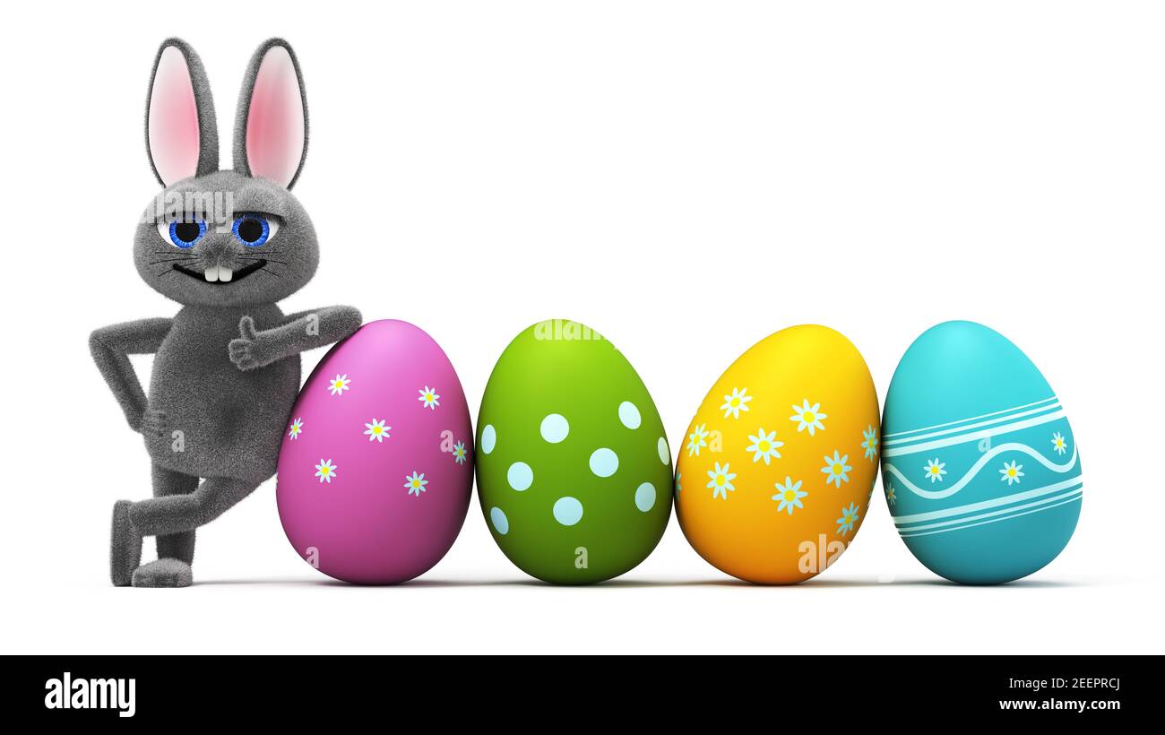 Cute easter bunny holding a colored eggs decorated with ornaments, isolated on white background 3D rendering Stock Photo