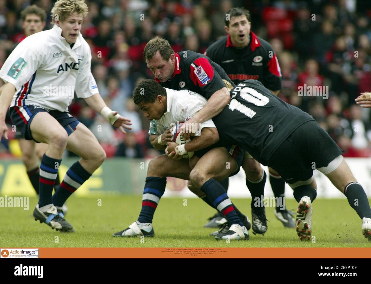 Rugby Union Zurich Premiership Saracens V Sale Sharks 10 5 03 Jason Robinson Sale Is Tackled By Richard Hill And Jos Baxendell Saracens Mandatory Credit Action Images David Field Livepic Stock Photo Alamy