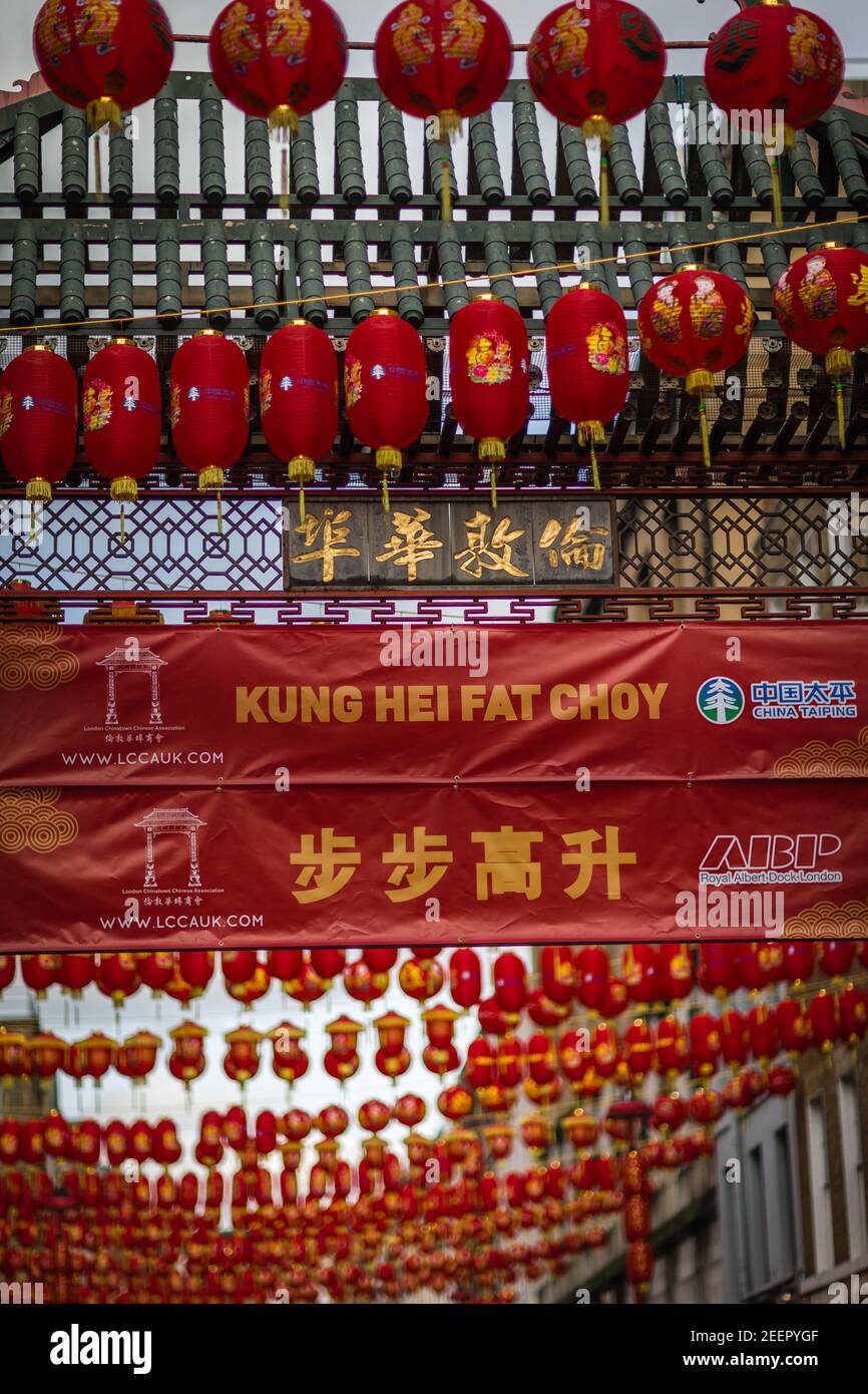 Chinese Lunar new year of the ox lanterns hang in a deserted Chinatown in London during the lockdown. Stock Photo