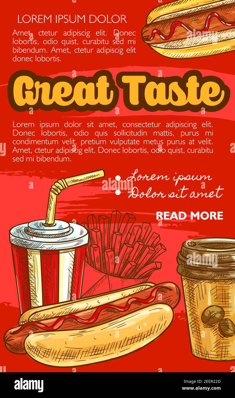 Fast food sketch poster for restaurant or cinema bistro menu template