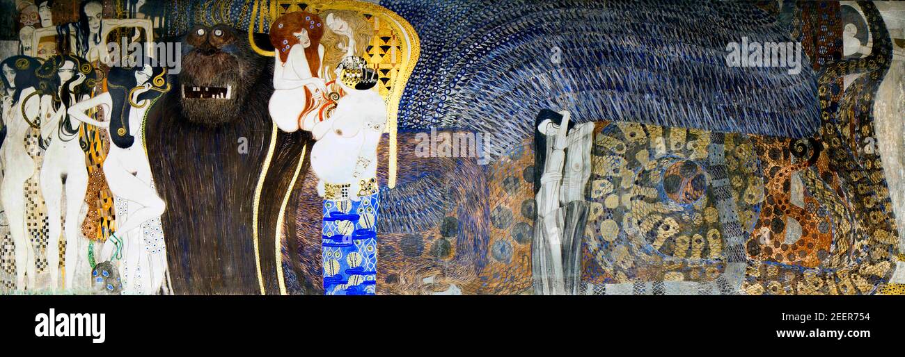 Klimt, Beethoven Frieze. Hostile Powers section of the Beethoven Frieze by Gustav Klimt (1862-1918), 1901.  Klimt painted the Beethoven Frieze for the 14th Vienna Secessionist exhibition in celebration of the composer. Stock Photo
