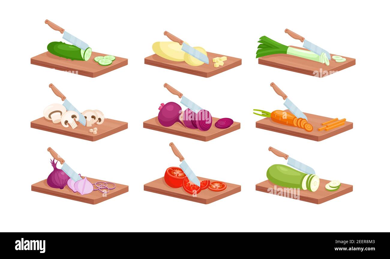 Vegetable slices with kitchen knife isometric set, fresh raw sliced vegetables on board Stock Vector