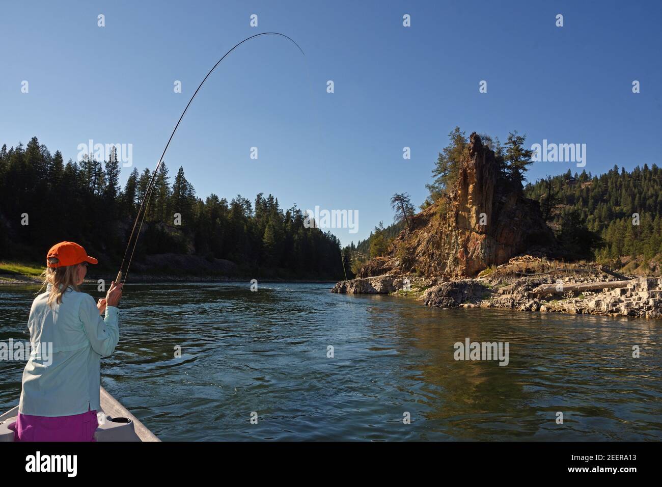 Joanne Linehan with Linehan Outfitting Company dry fly fishing for trout on the Kootenai River
