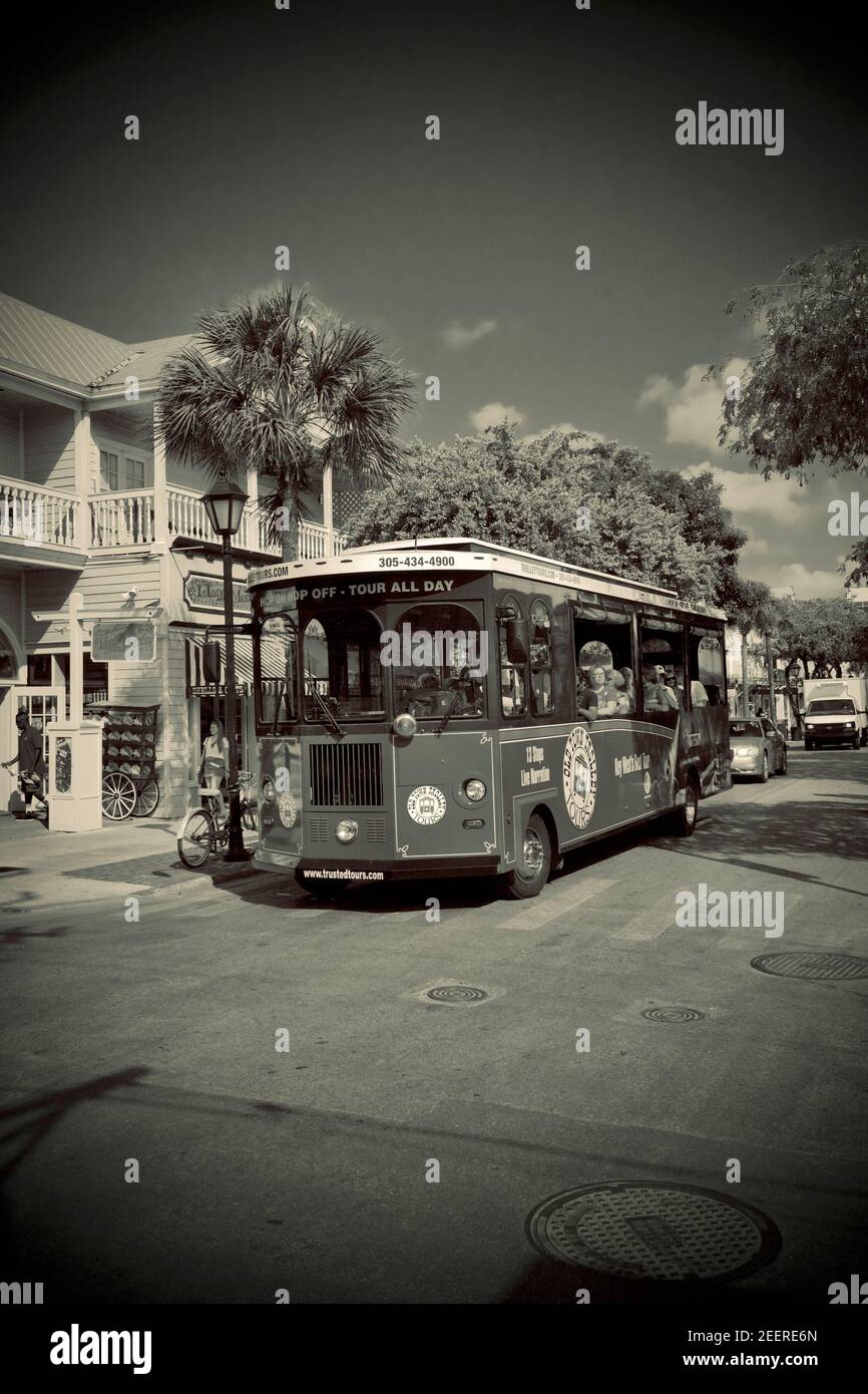 Old Town Trolley Tours.  No Key West vacation is complete without booking the World Famous Old Town Trolley tour.  Open air sightseeing. Key West, FL Stock Photo