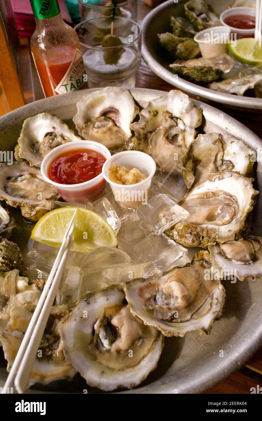 Oysters on ice at the Half Shell Bar in Key West, Florida, FL USA
