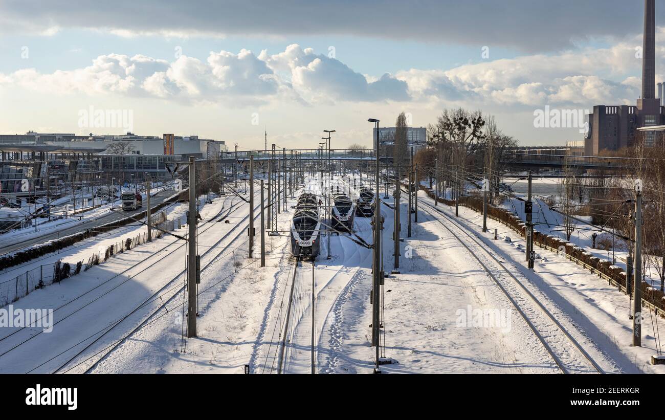 Rare snow is covering German city of Wolfsburg after blizzard Stock Photo