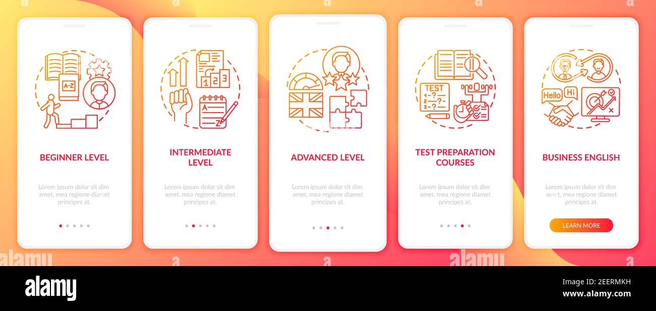 Language studying levels onboarding mobile app page screen with concepts Stock Vector