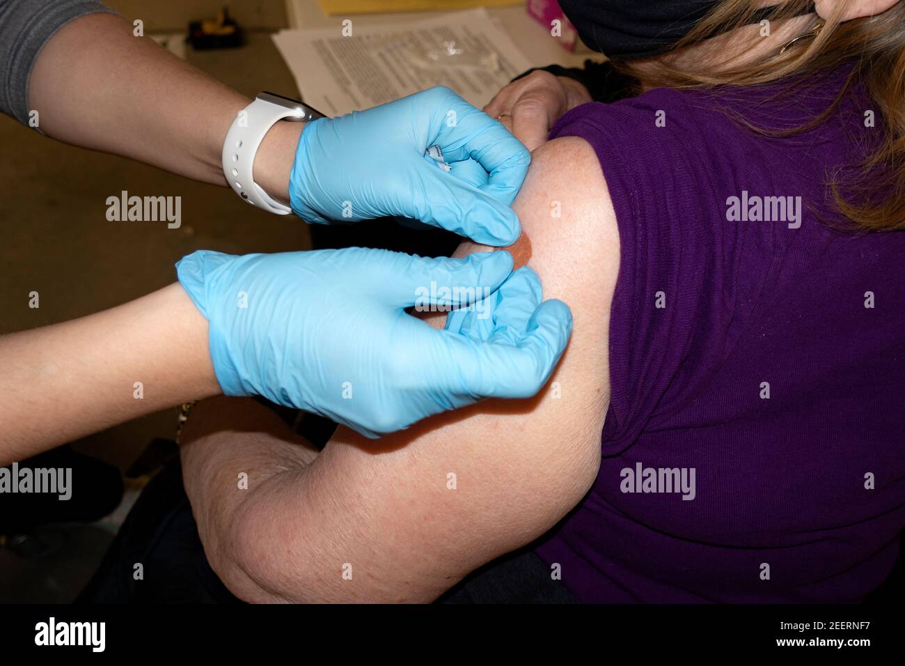 Nurse after inoculating the Pfizer vaccine to the patient for COVID-19 placing bandage on the site. Oakdale Minnesota MN USA Stock Photo