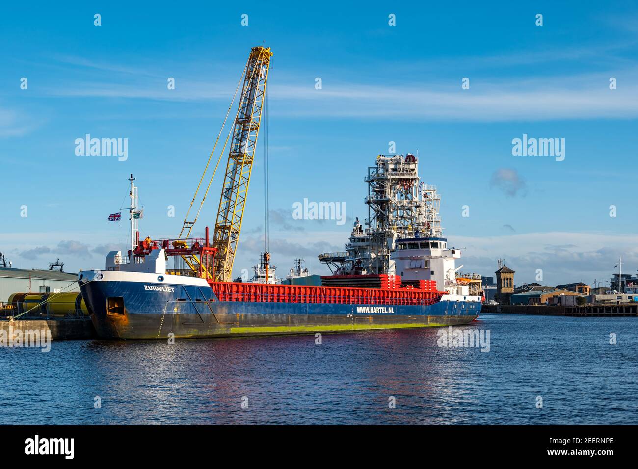 Dutch cargo ship Zuidvliet, Hartel Netherlands shipping company unloading at dock, Leith harbour, Edinburgh, Scotland, UK Stock Photo