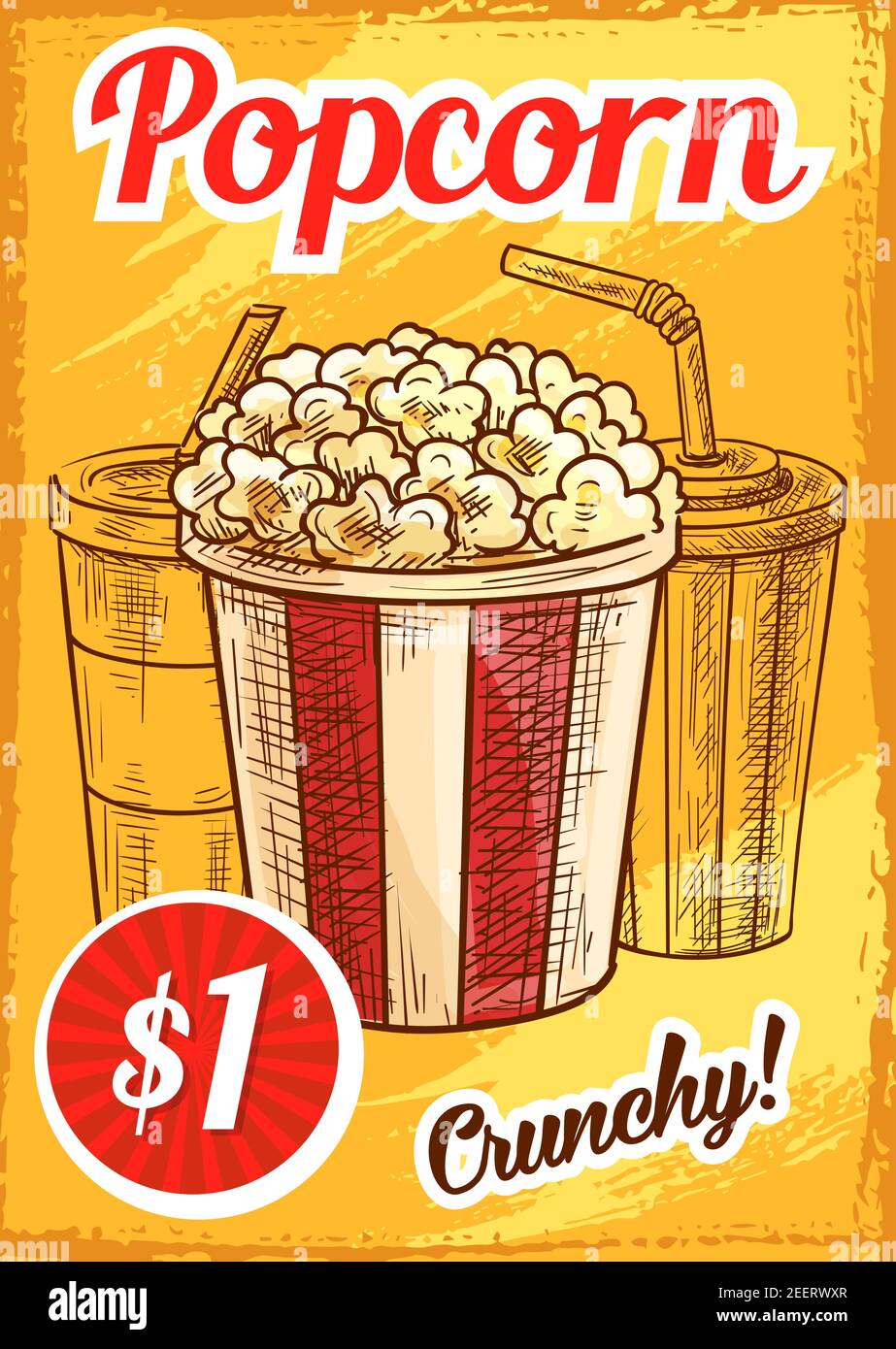 Popcorn price menu sketch poster for cinema bar or bistro. Vector