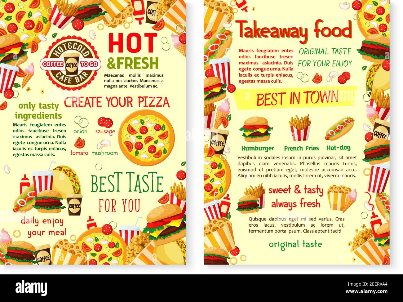Fast food posters for burgers or pizza takeaway bistro or fastfood