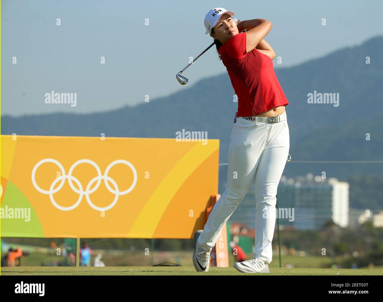 2016 Rio Olympics - Golf -  Women's Individual Stroke Play - Olympic Golf Course - Rio de Janeiro, Brazil - 17/08/2016.  In-Gee Chun (KOR) of Korea hit her tee shot during first round women's Olympic golf competition.  REUTERS/Kevin Lamarque FOR EDITORIAL USE ONLY. NOT FOR SALE FOR MARKETING OR ADVERTISING CAMPAIGNS.   Picture Supplied by Action Images Stock Photo
