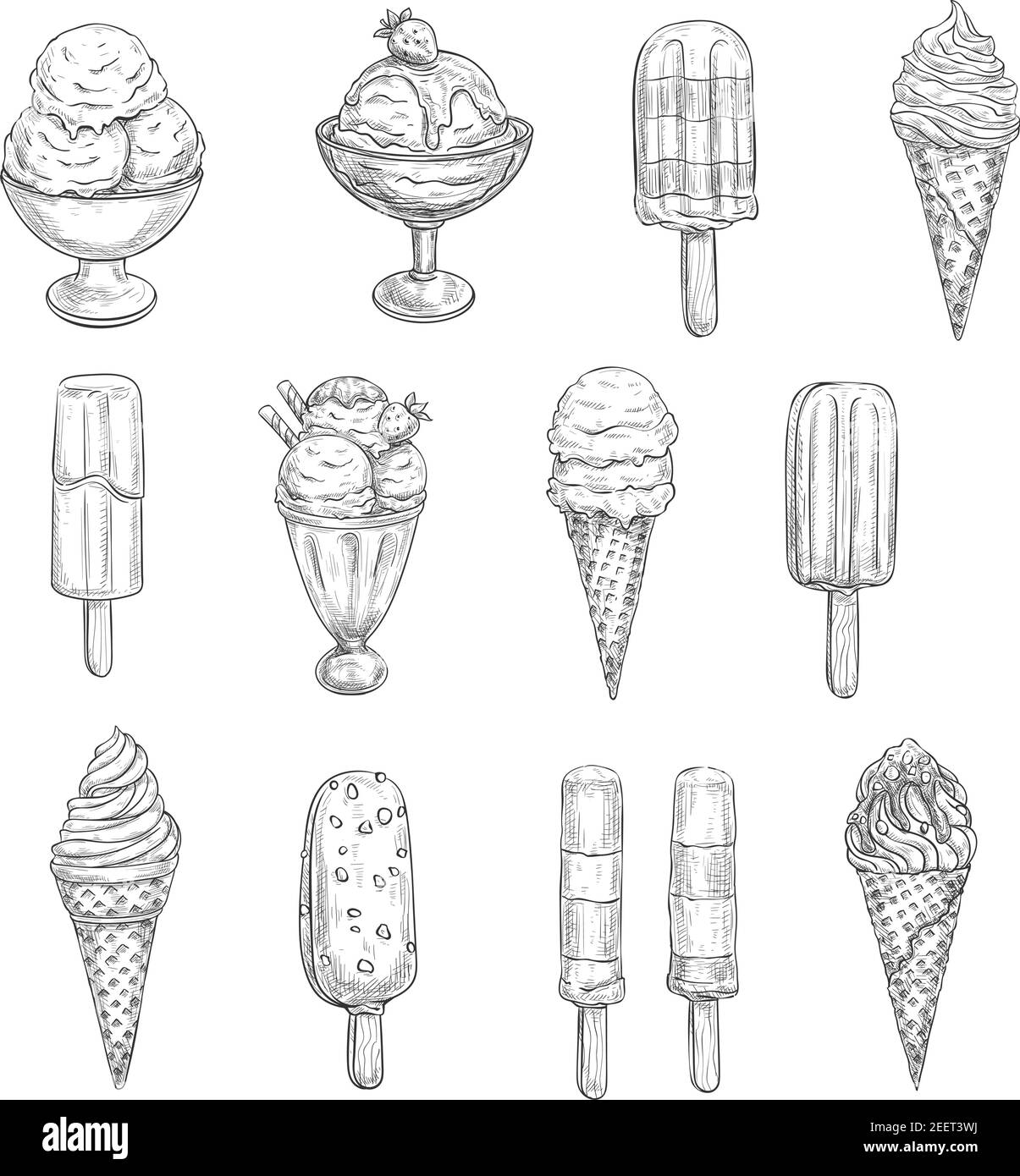 Ice cream sketch vector icons. Isolated set of frozen desserts, fruit or berry soft ice cream scoops in wafer cones, chocolate glaze sundae or berry s Stock Vector