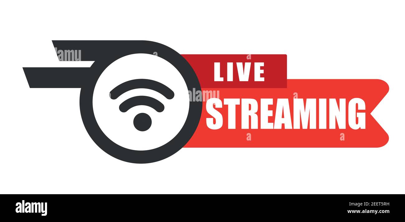 Live stream flat logo - red vector design element with play button. Vector Stock Vector