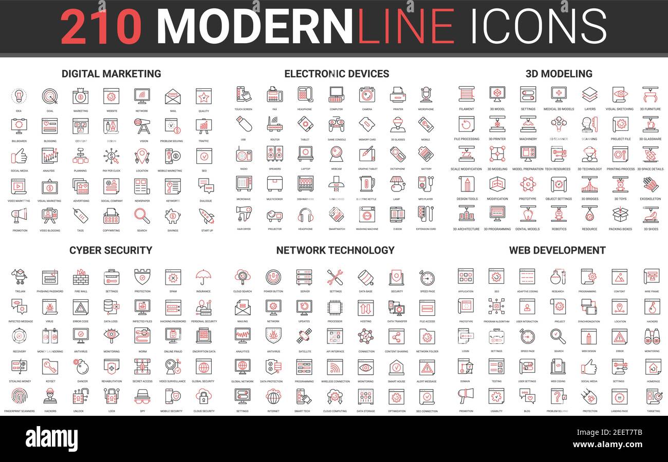 210 modern red black thin line icons set of cyber security, network technology, web development, digital marketing, electronic devices, 3d modeling collection vector illustration. Stock Vector