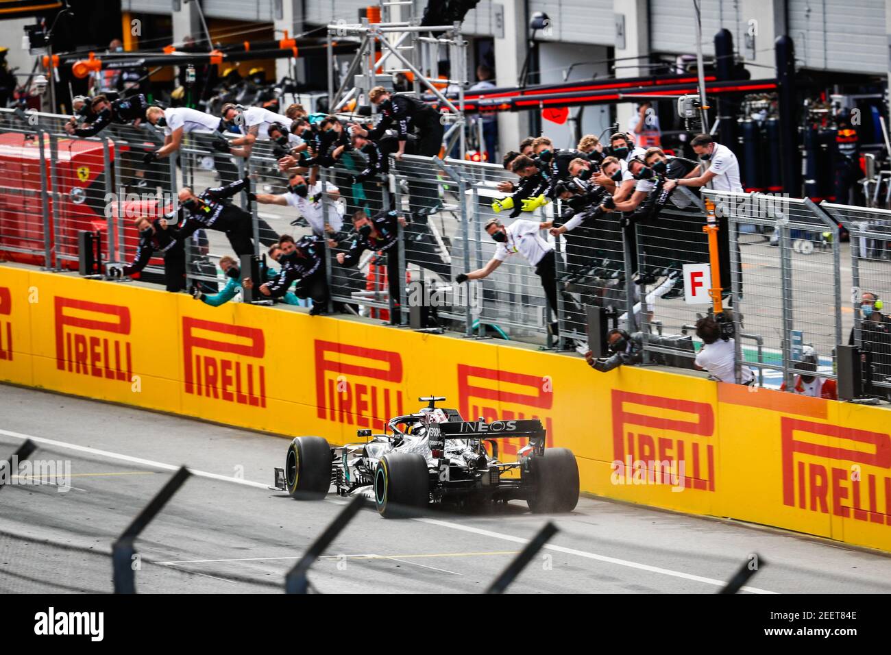 44 HAMILTON Lewis (gbr), Mercedes AMG F1 GP W11 Hybrid EQ Power+, action chequered flag, drapeau a damier during the Formula 1 Pirelli Grosser Preis der Steiermark 2020, Styrian Grand Prix from July 10 to 12, 2020 on the Red Bull Ring, in Spielberg, Austria - Photo Antonin Vincent / DPPI Stock Photo