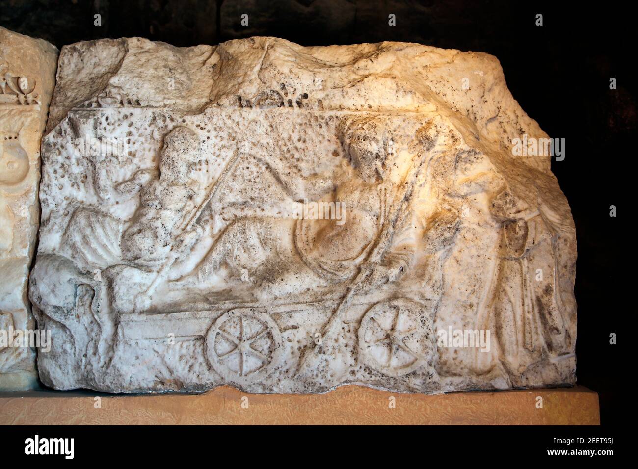 Panel of Hierapolis Theatre scene(Turkey). Dionysos who joins in the vintage festival is accompanied by Nymphs, Satyrs, Eros and kentauri (horse-men) Stock Photo