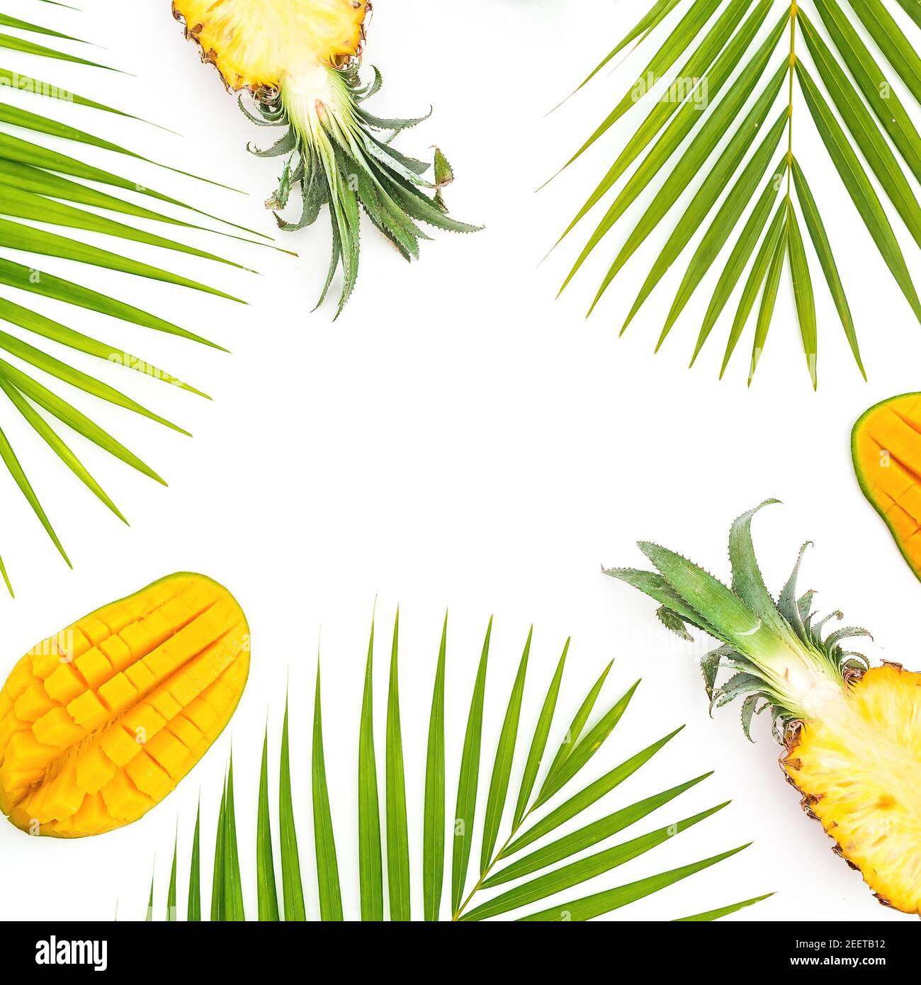 Pineapple And Tropical Palm Leaves On Yellow Background Top View Summer Concept Creative Flat Lay With Copy Space Stock Photo Alamy