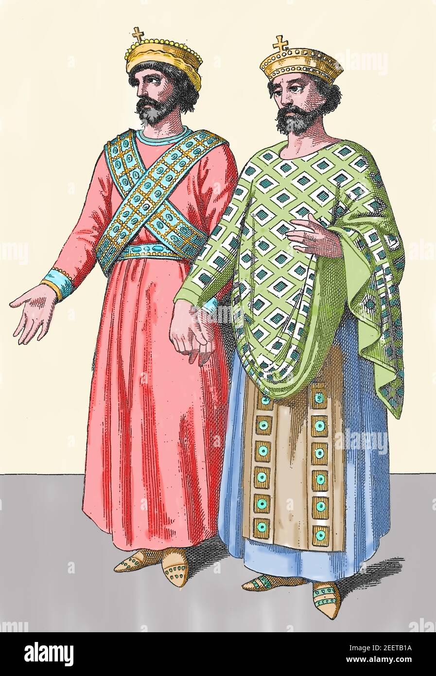 Eastern Roman Emperors: Flavius Phocas (547-610) and Justinian II or Rhinotmetos (668-711). Stock Photo