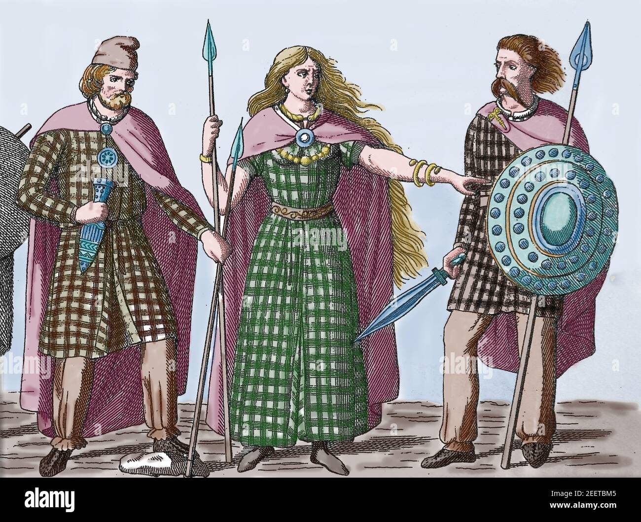 The Queen of the British Celtic Iceni tribe Boudica (33 -61)between a chief and warrior. Organized a revolt against the Roman occupation. England. Stock Photo