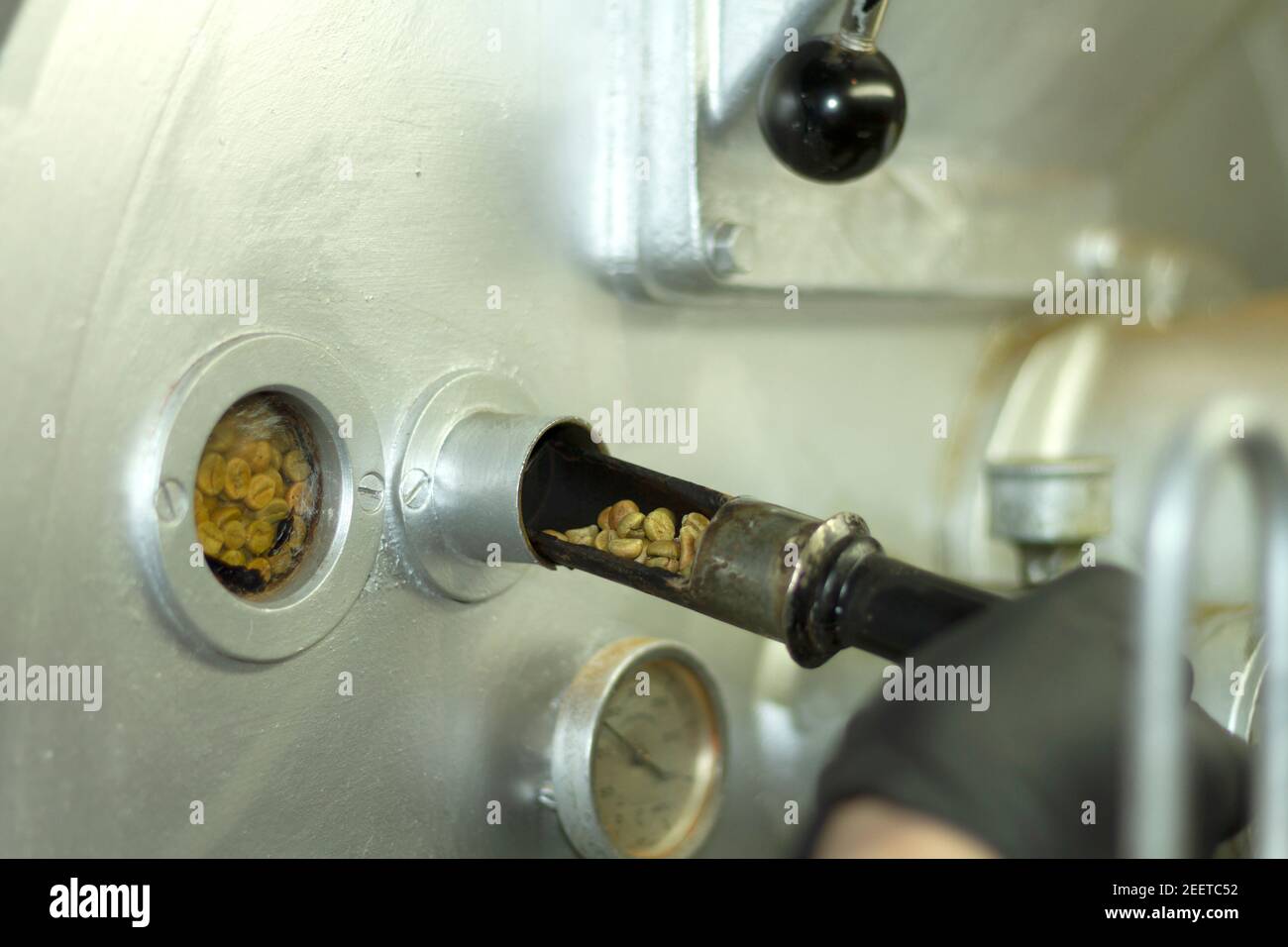 An operator checks the roast of the Robusta variety coffee in a natural