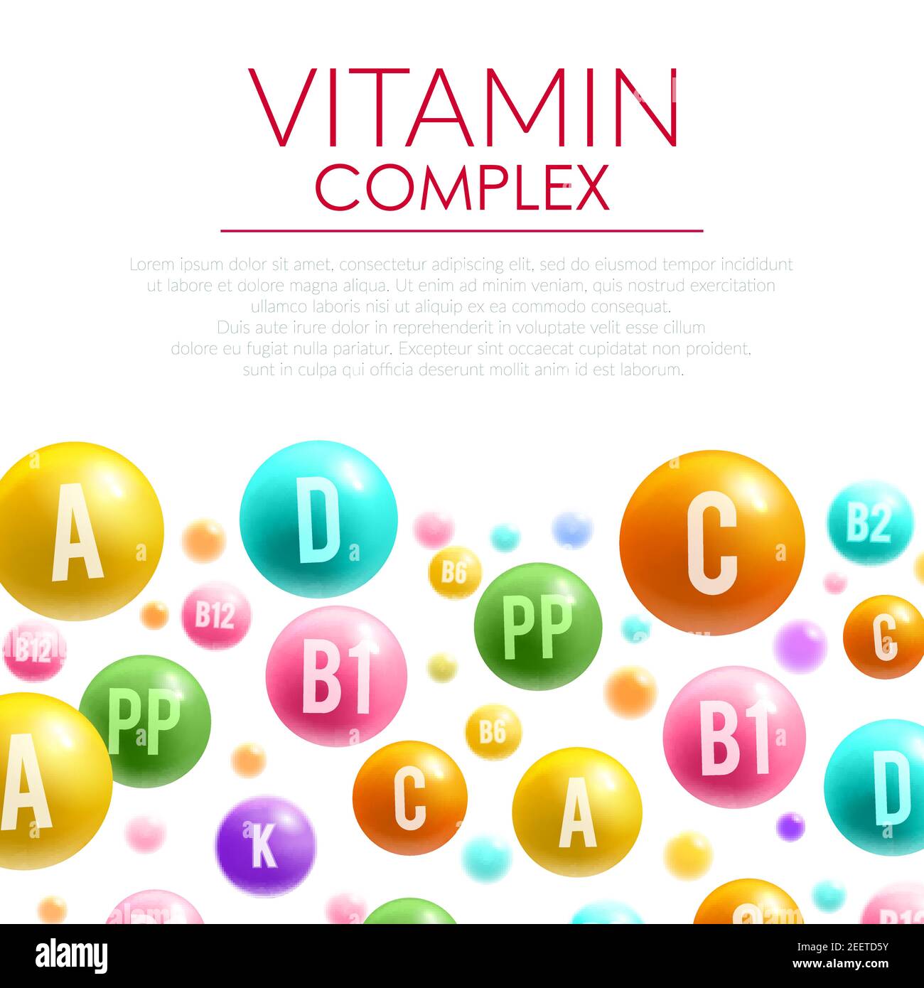 Vitamin complex poster of vitamins letters on bubble balls. Vector design of A, B and C and PP