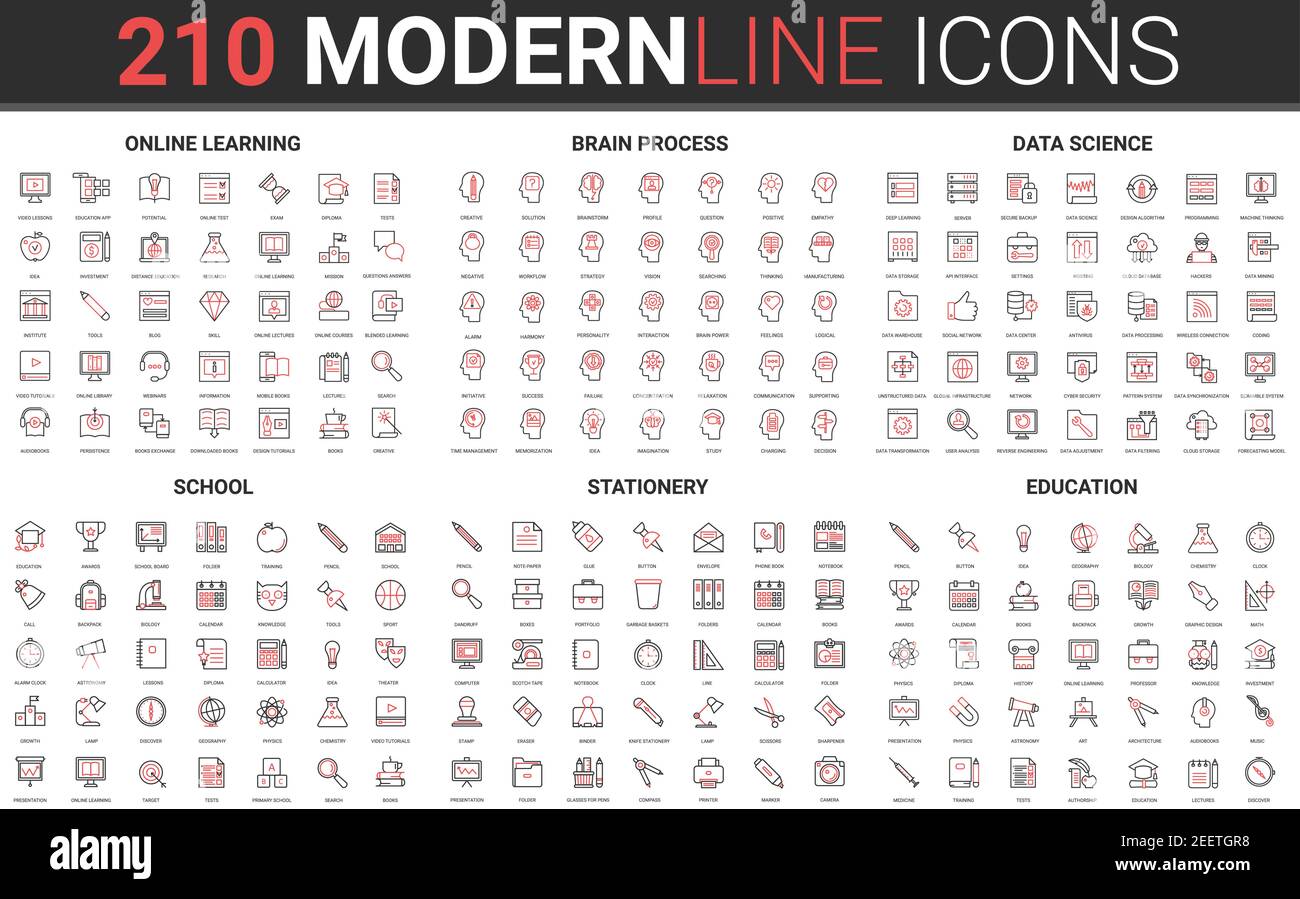 210 modern red black thin line icons set of school, stationery, education, online learning, brain process, data science collection vector illustration. Stock Vector