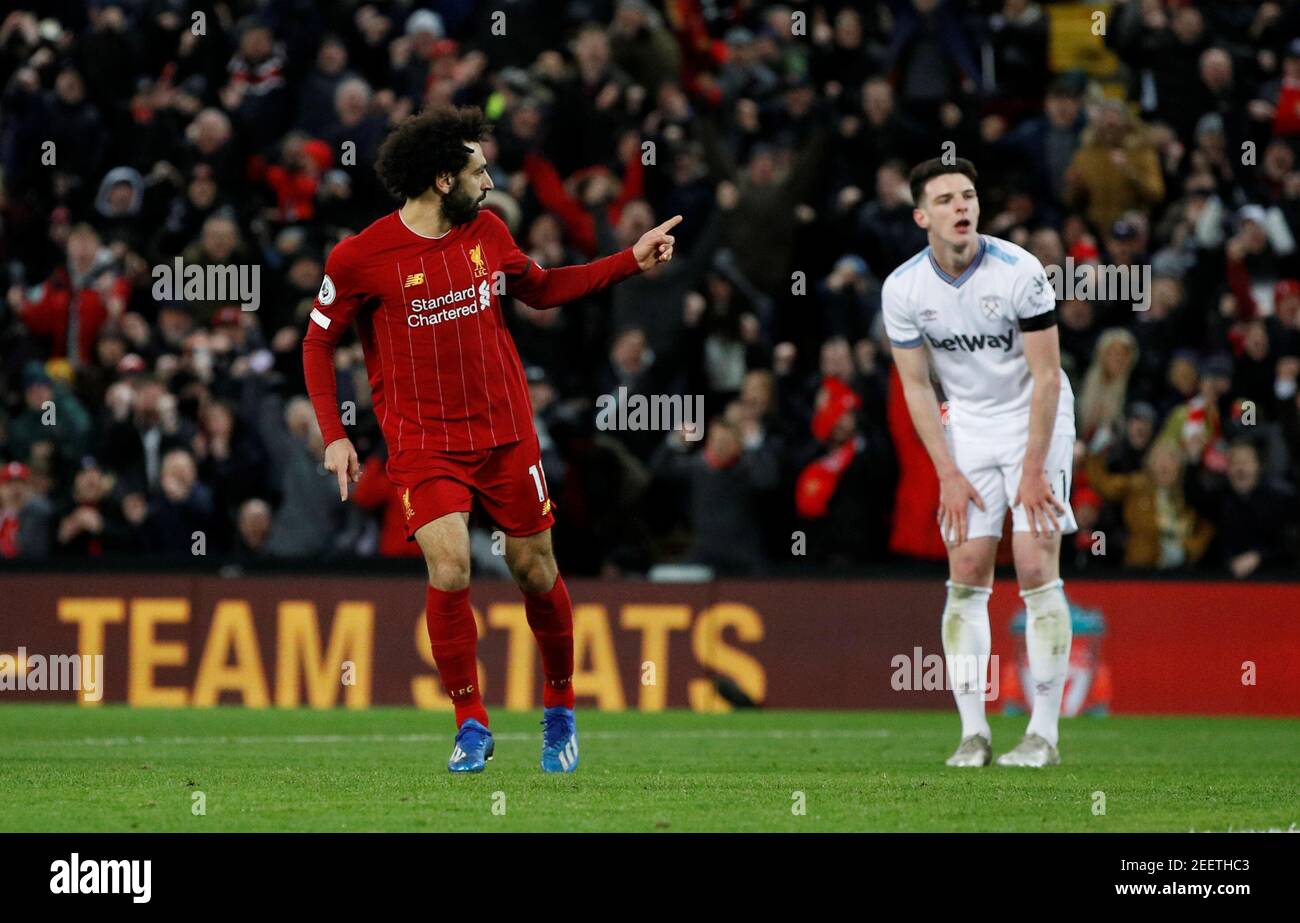 skæbnesvangre hjørne nær ved Soccer Football - Premier League - Liverpool v West Ham United - Anfield,  Liverpool, Britain - February 24, 2020 Liverpool's Mohamed Salah celebrates  scoring their second goal as West Ham United's Declan