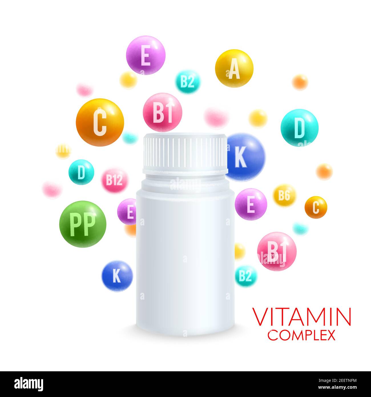 Vitamin complex design template for vitamin pills package advertising. Vector 3D plastic bottle with cup and vitamin ball bubbles with letters of A, B Stock Vector