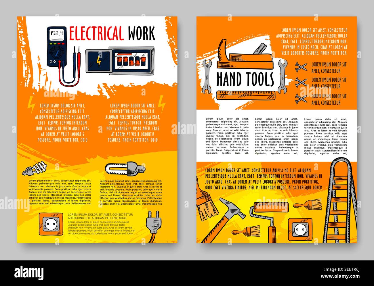 Home repair and electrical work tools sketch posters design template for house renovation. Vector electrician screwdriver or socket plug and fuse, car Stock Vector