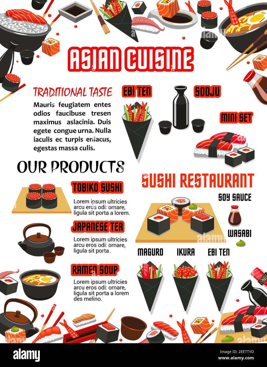 Sushi and Japanese seafood Asian cuisine restaurant menu design template. Vector sashimi and