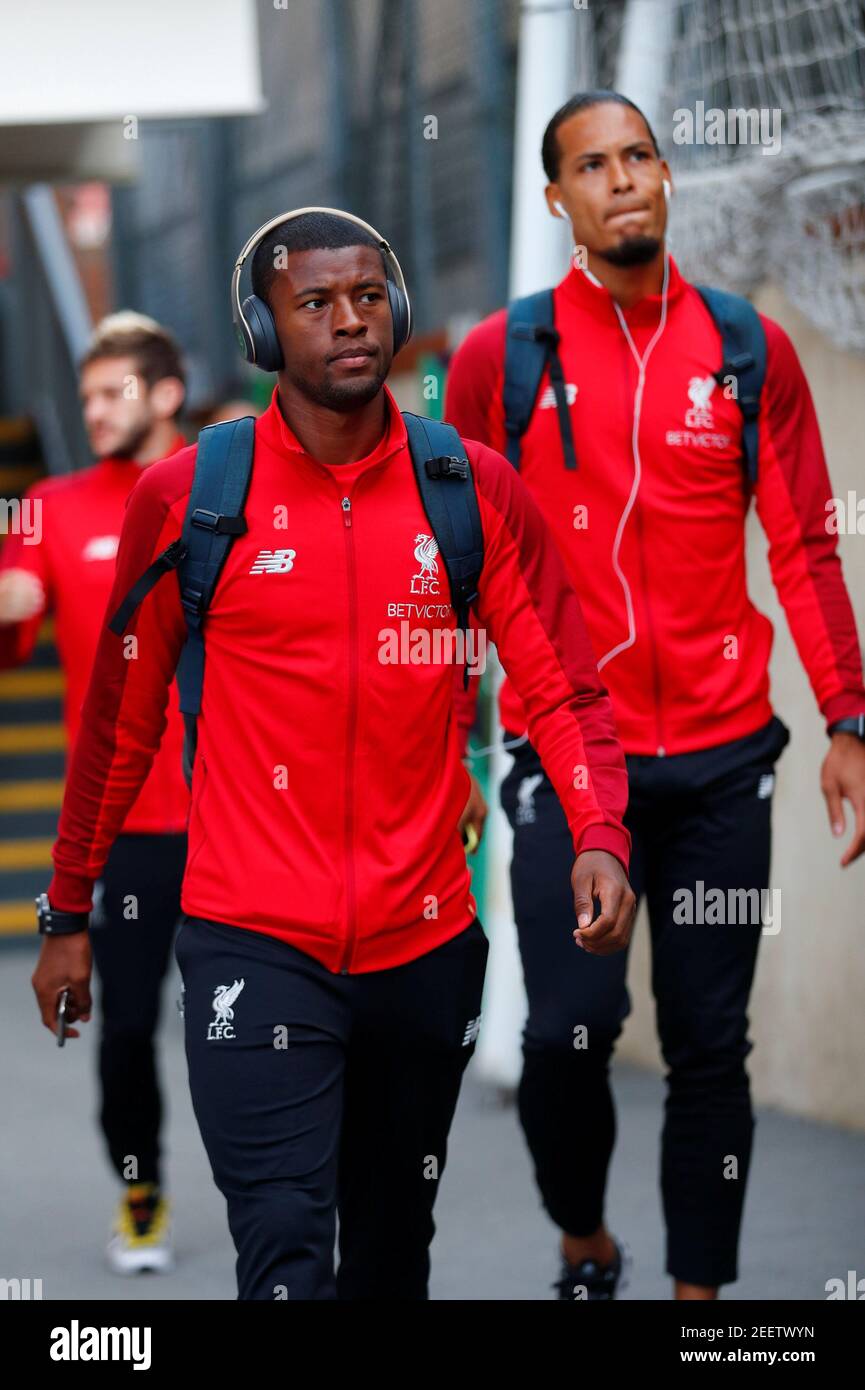 Soccer Football - Premier League - Crystal Palace v Liverpool - Selhurst Park, London, Britain - August 20, 2018 Liverpool's Georginio Wijnaldum and Virgil van Dijk before the match REUTERS/Eddie Keogh EDITORIAL USE ONLY. No use with unauthorized audio, video, data, fixture lists, club/league logos or "live" services. Online in-match use limited to 75 images, no video emulation. No use in betting, games or single club/league/player publications. Please contact your account representative for further details. Stock Photo