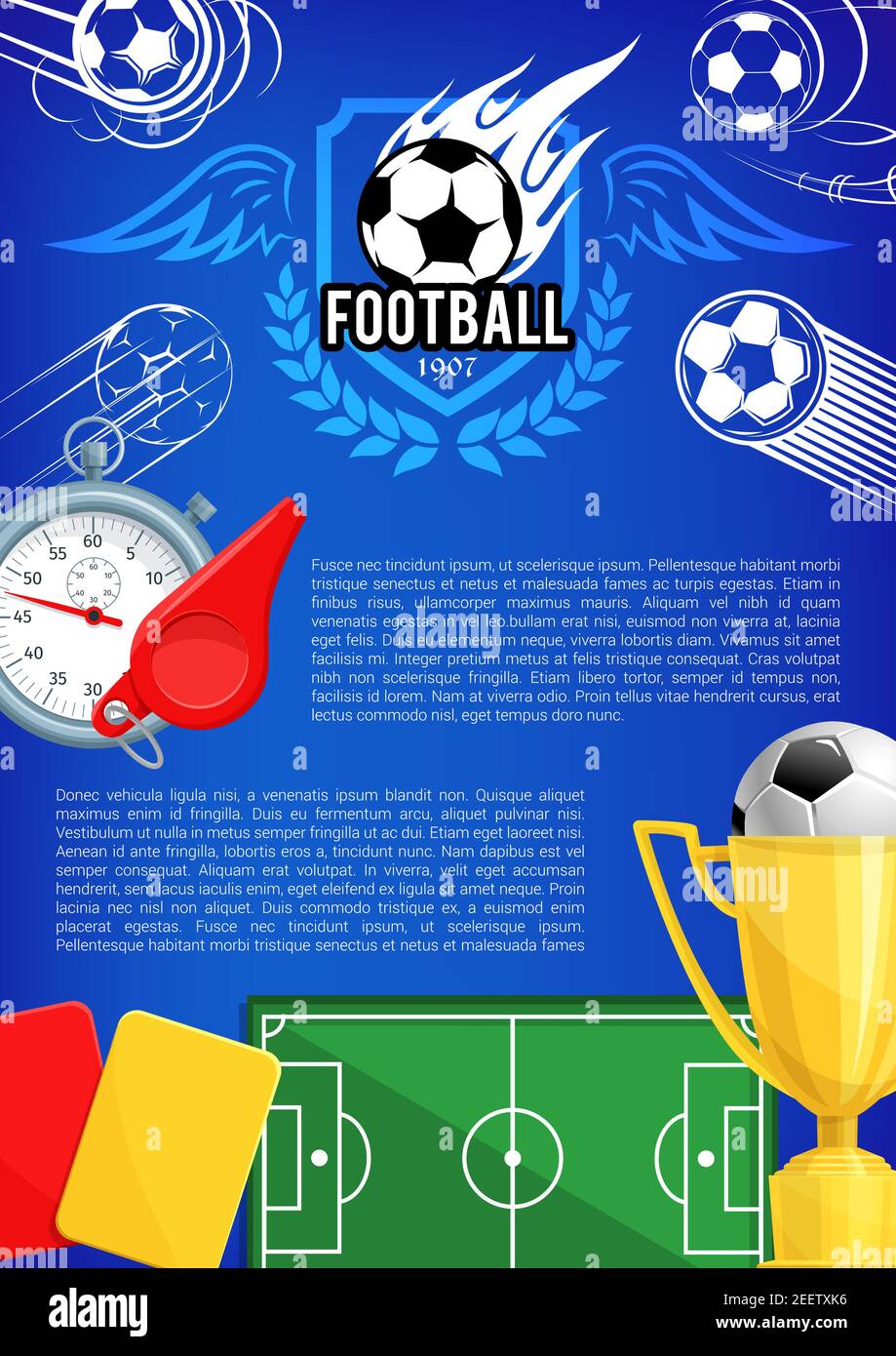 Football cup poster template for soccer sport game of college team of fan club. Vector design of soccer ball flying in goal gate on arena stadium play Stock Vector