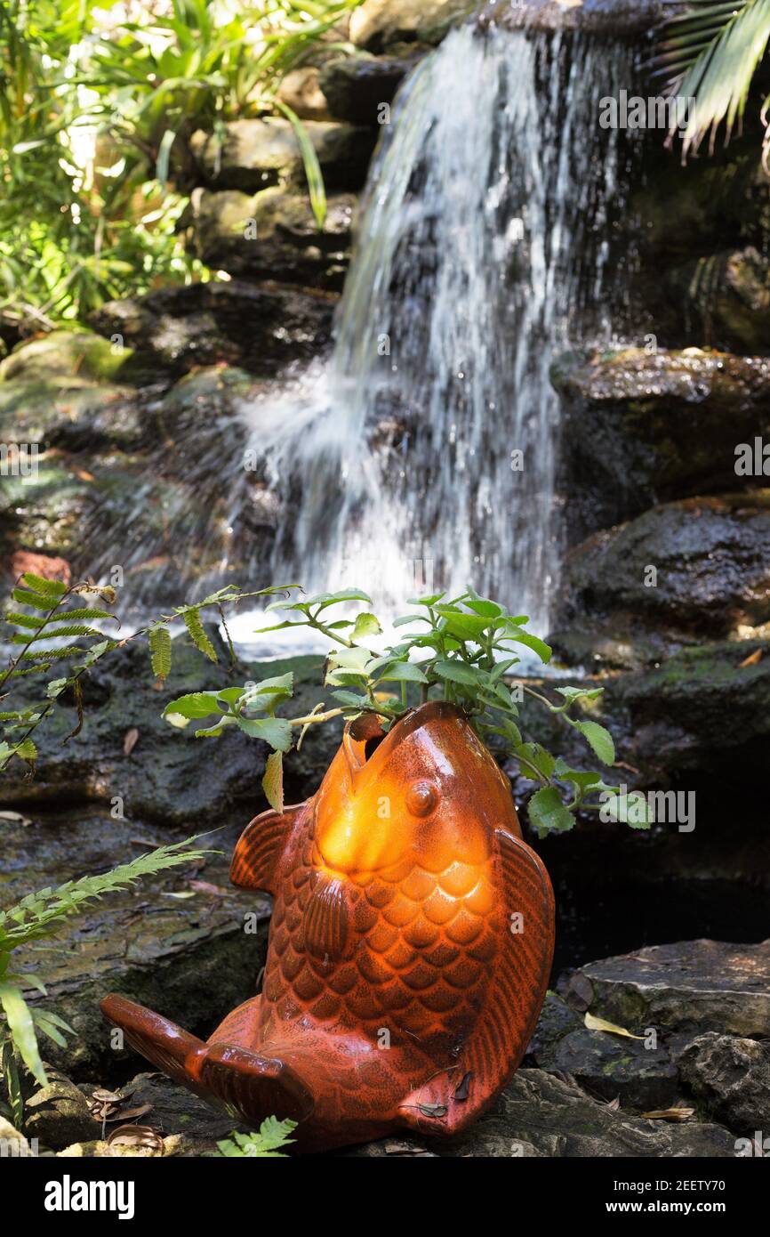 A plant container shaped like a goldfish, next to a waterfall. Stock Photo