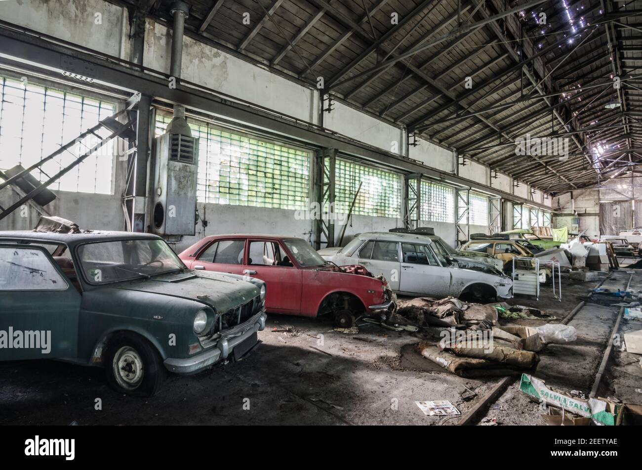 many old cars stored in a hall Stock Photo Alamy
