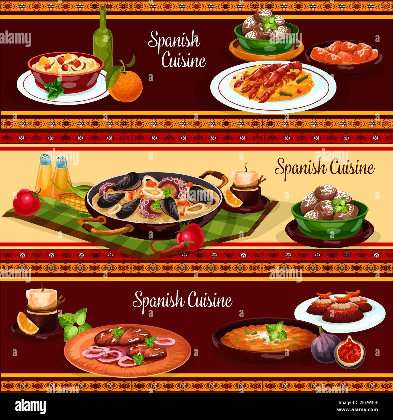 Spanish food dinner, mediterranean cuisine restaurant menu banner set
