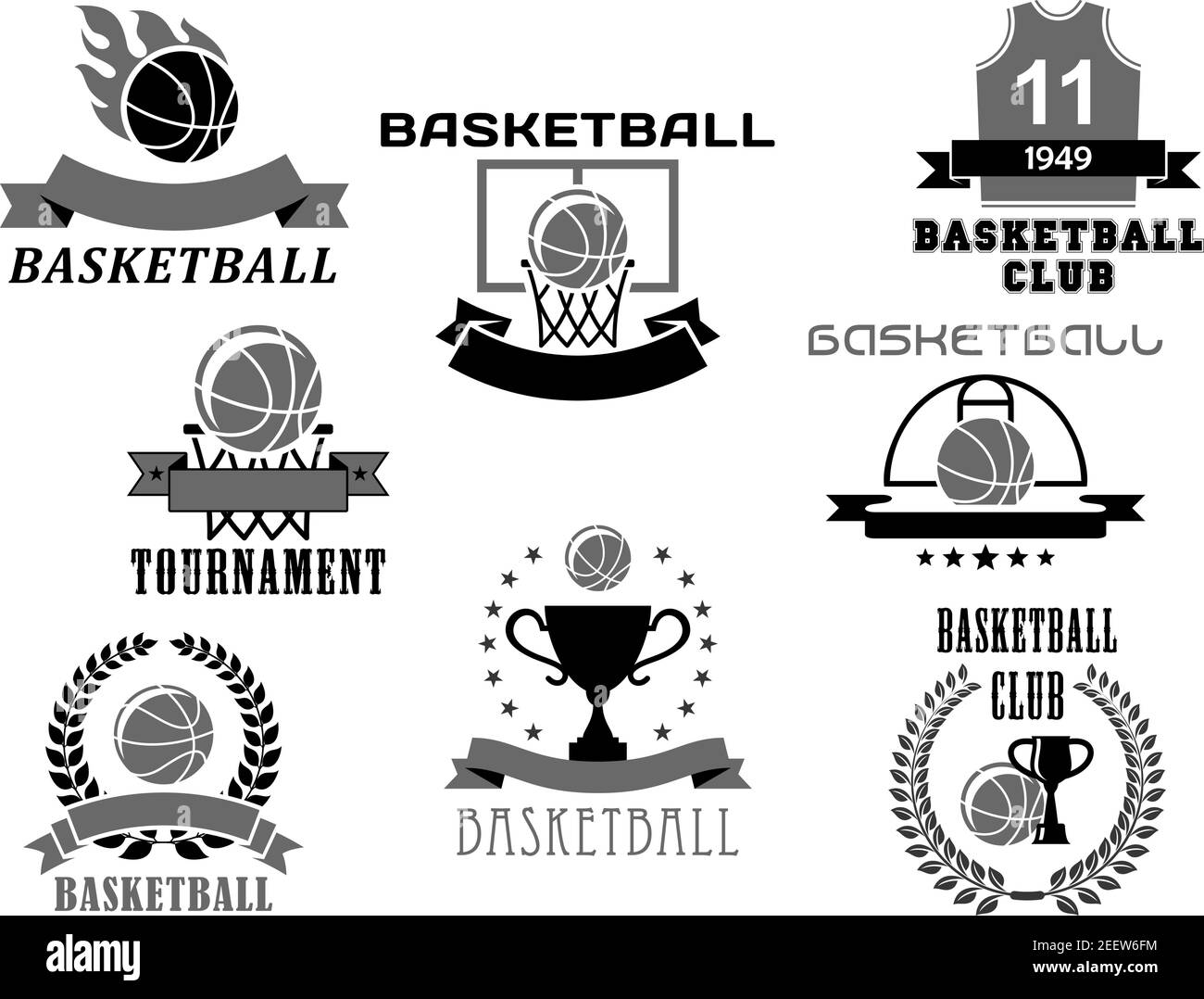 Basketball club or tournament icons and championship award badges set. Vector isolated symbols