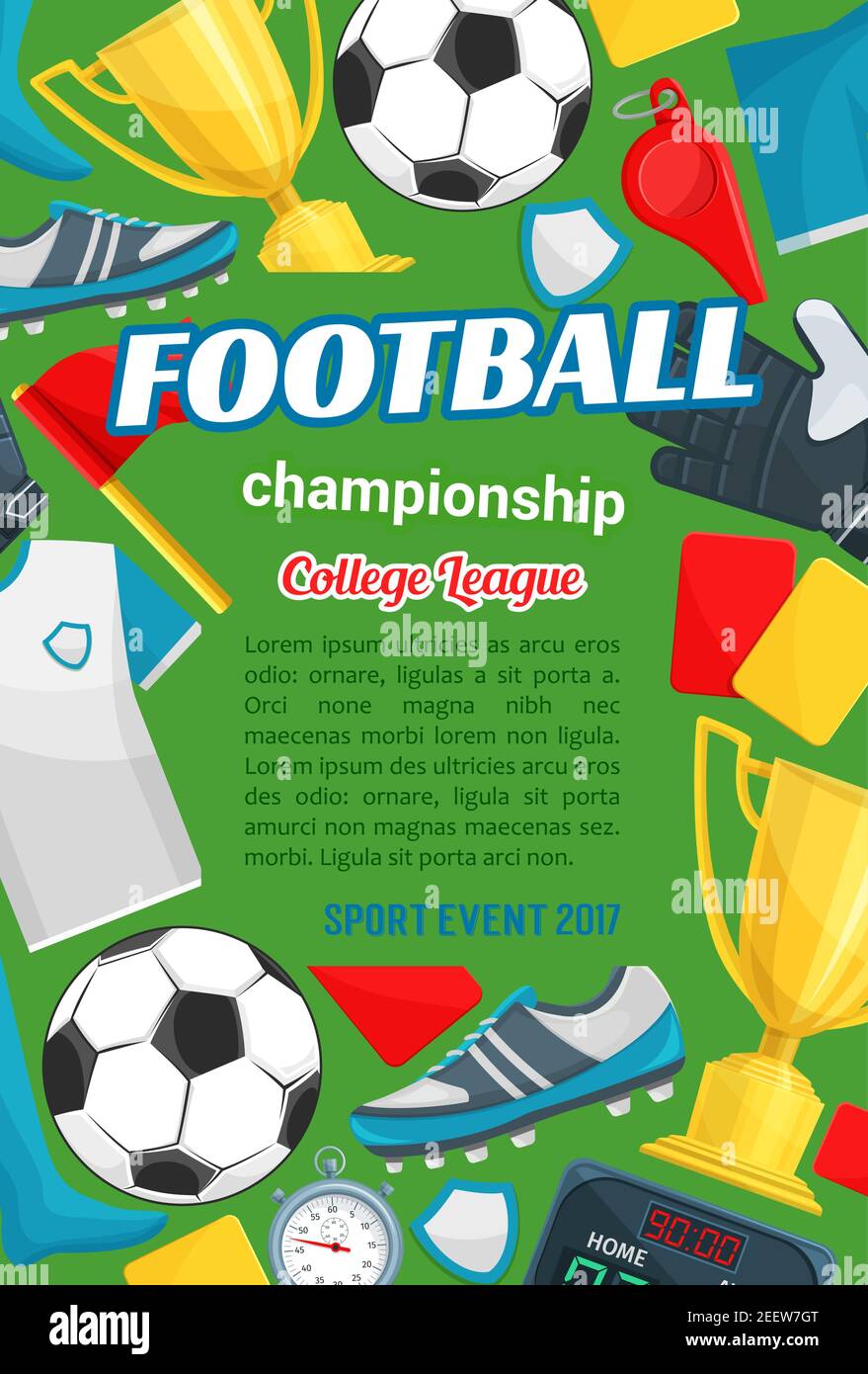 Football championship sport event banner with soccer items. Football or