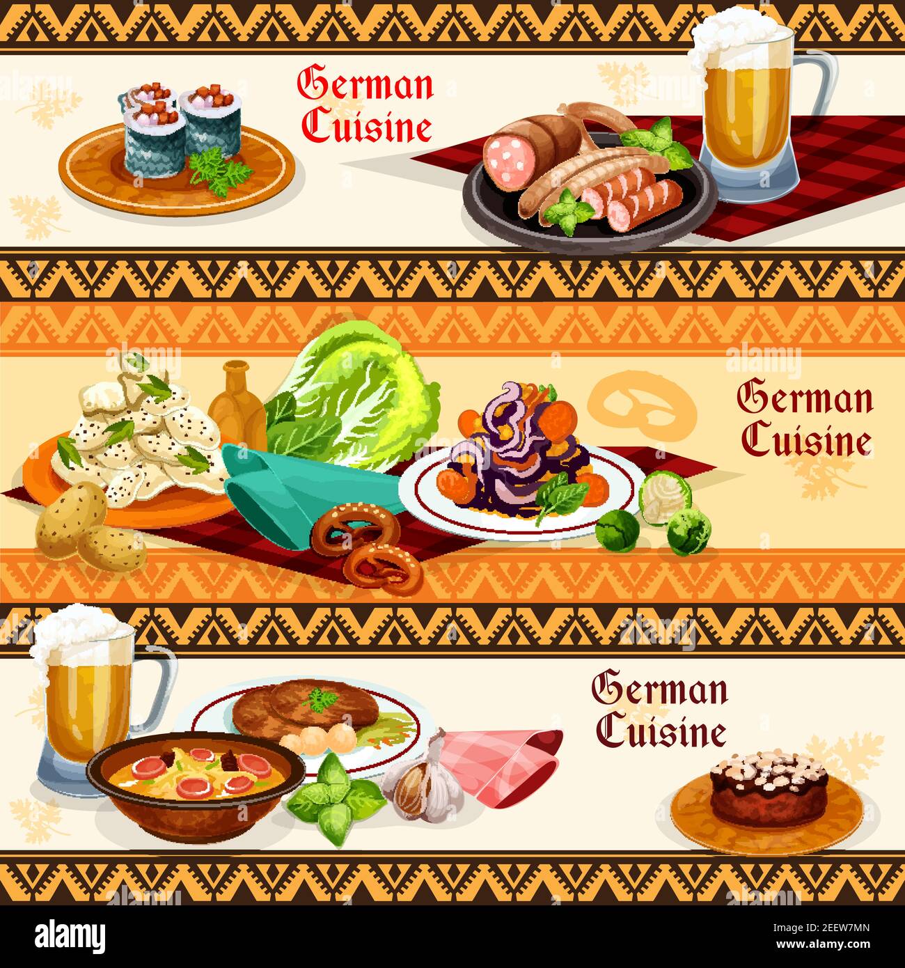 German cuisine restaurant or pub menu banner set. Meat sausage with beer and pretzel, potato salad, bacon soup, pork schnitzel, fish roll with vegetab Stock Vector