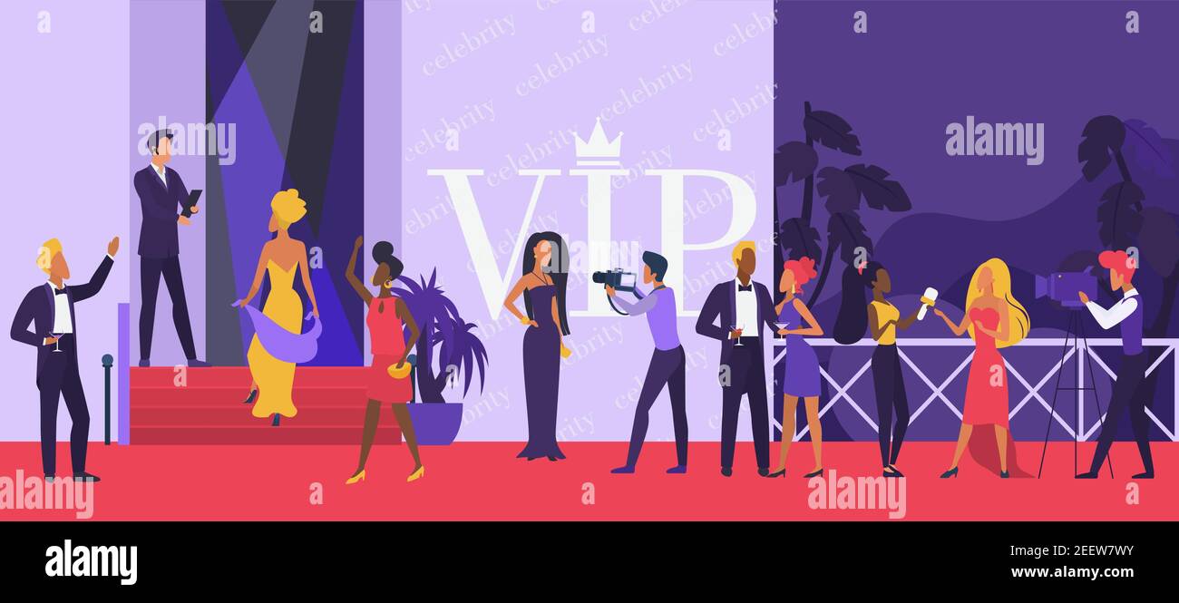 Celebrity party vector illustration. Cartoon actor man woman, Hollywood stars characters walking, vip persons giving interview, famous celebrity people posing to photographers on red carpet background Stock Vector
