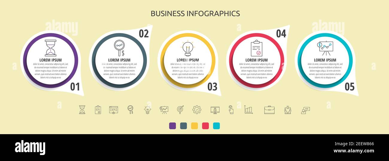 Vector circles infographic with five steps, labels. Timeline used for diagram, chart, web, banner, workflow layout, presentations, flowchart, info Stock Vector