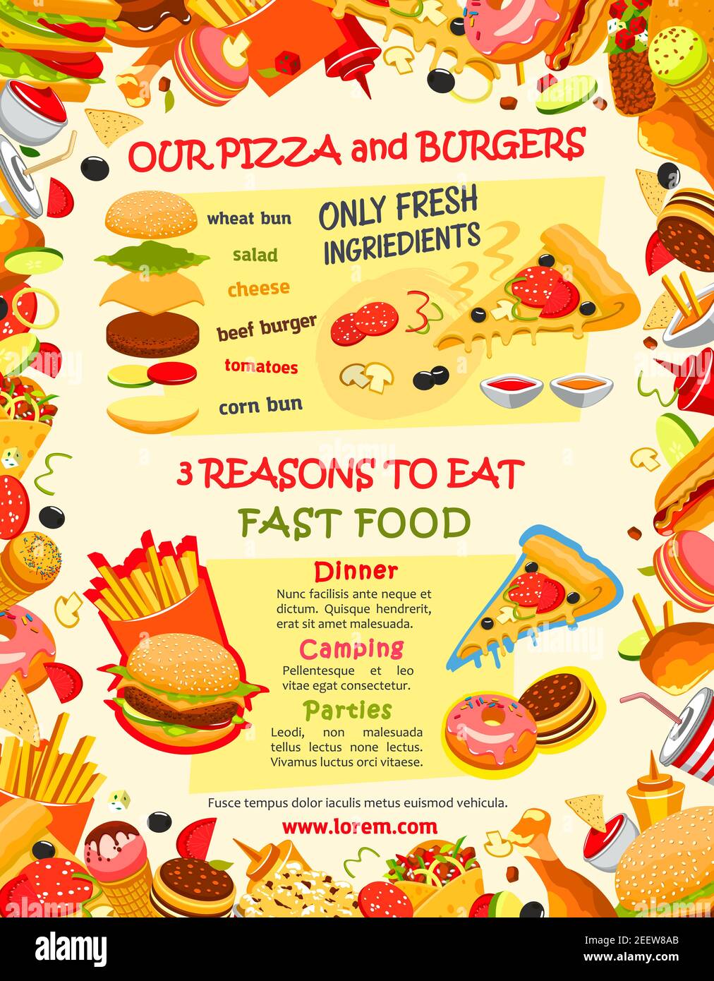Fast food burger and pizza menu for fastfood restaurant template