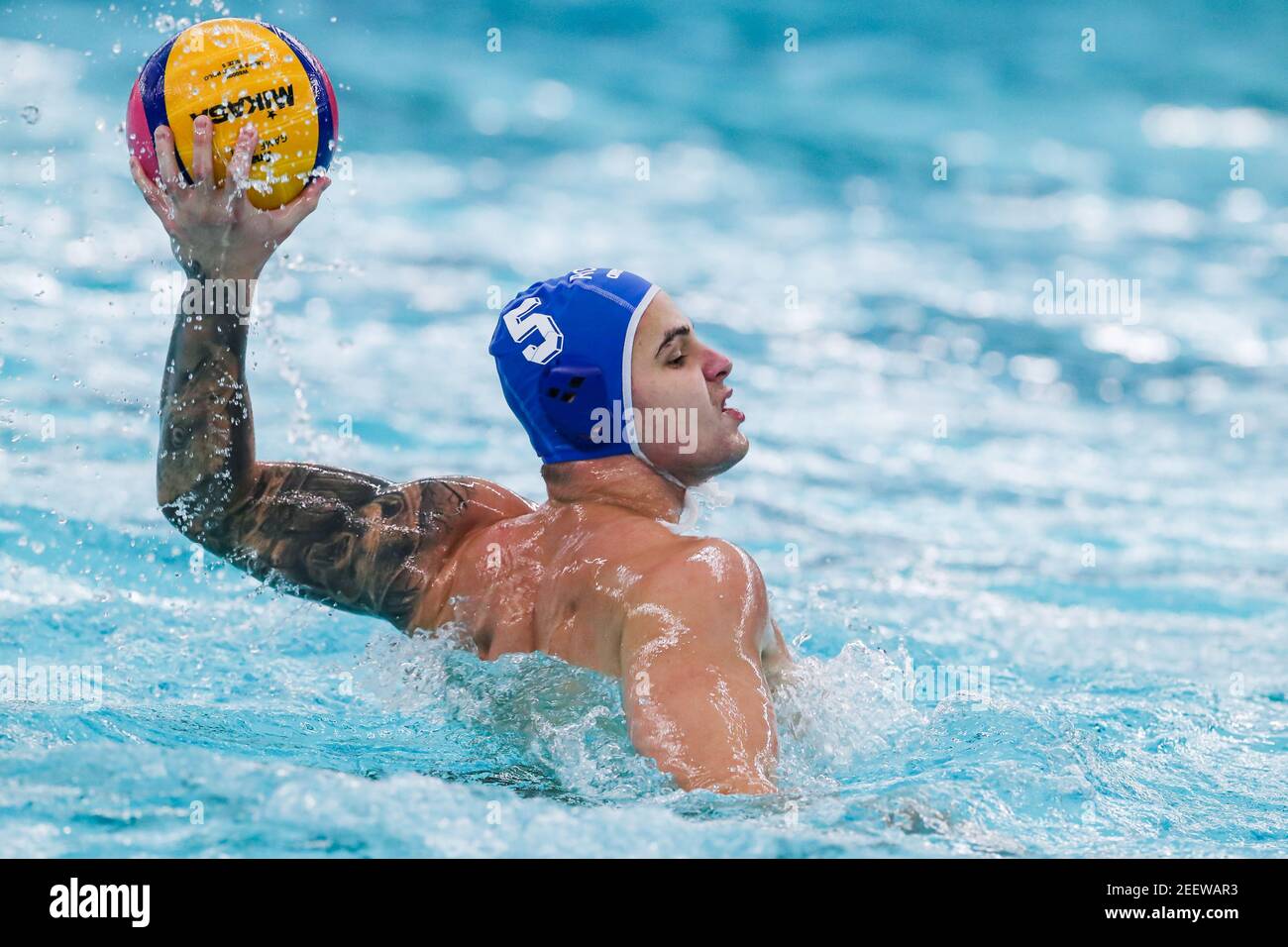 ROTTERDAM, NETHERLANDS - FEBRUARY 16: Victor Andrei Antipa of Romania  during the Olympic Waterpolo Qualification Tournament 2021 match between  Netherlands and Romania at Zwemcentrum Rotterdam on February 16, 2021 in  Rotterdam, Netherlands (