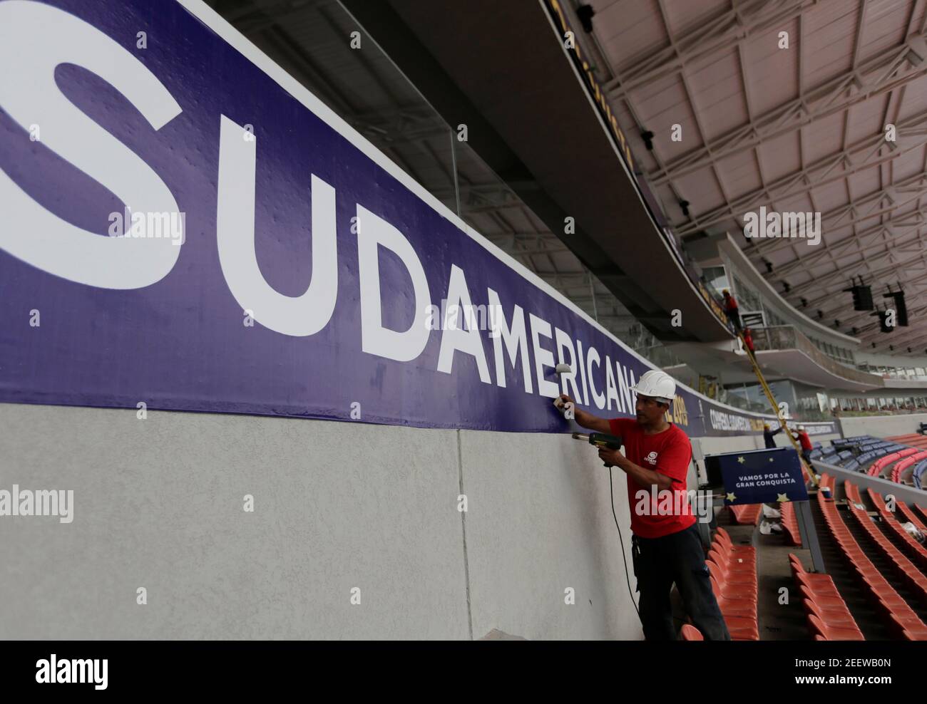 Soccer - Conmebol Summit for Copa Libertadores - General Pablo Rojas Stadium, Asuncion, Paraguay - November 5, 2019   Workers continue with the preparations in the General Pablo Rojas Stadium for the Copa Sudamericana final     REUTERS/Jorge Adorno Stock Photo