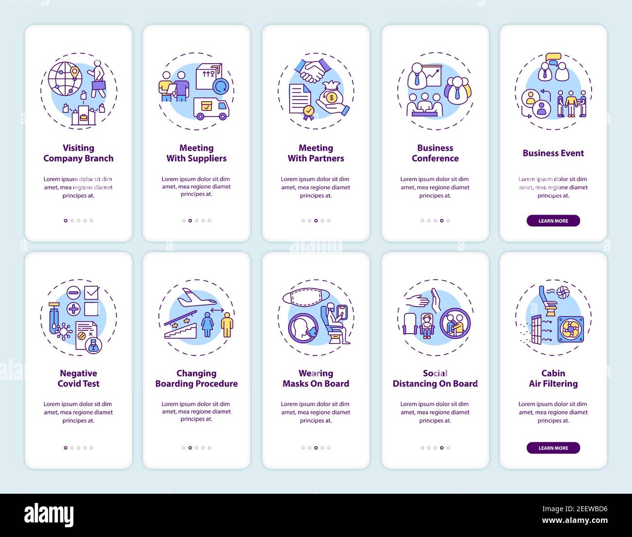 Business travel trends onboarding mobile app page screen with concepts ...