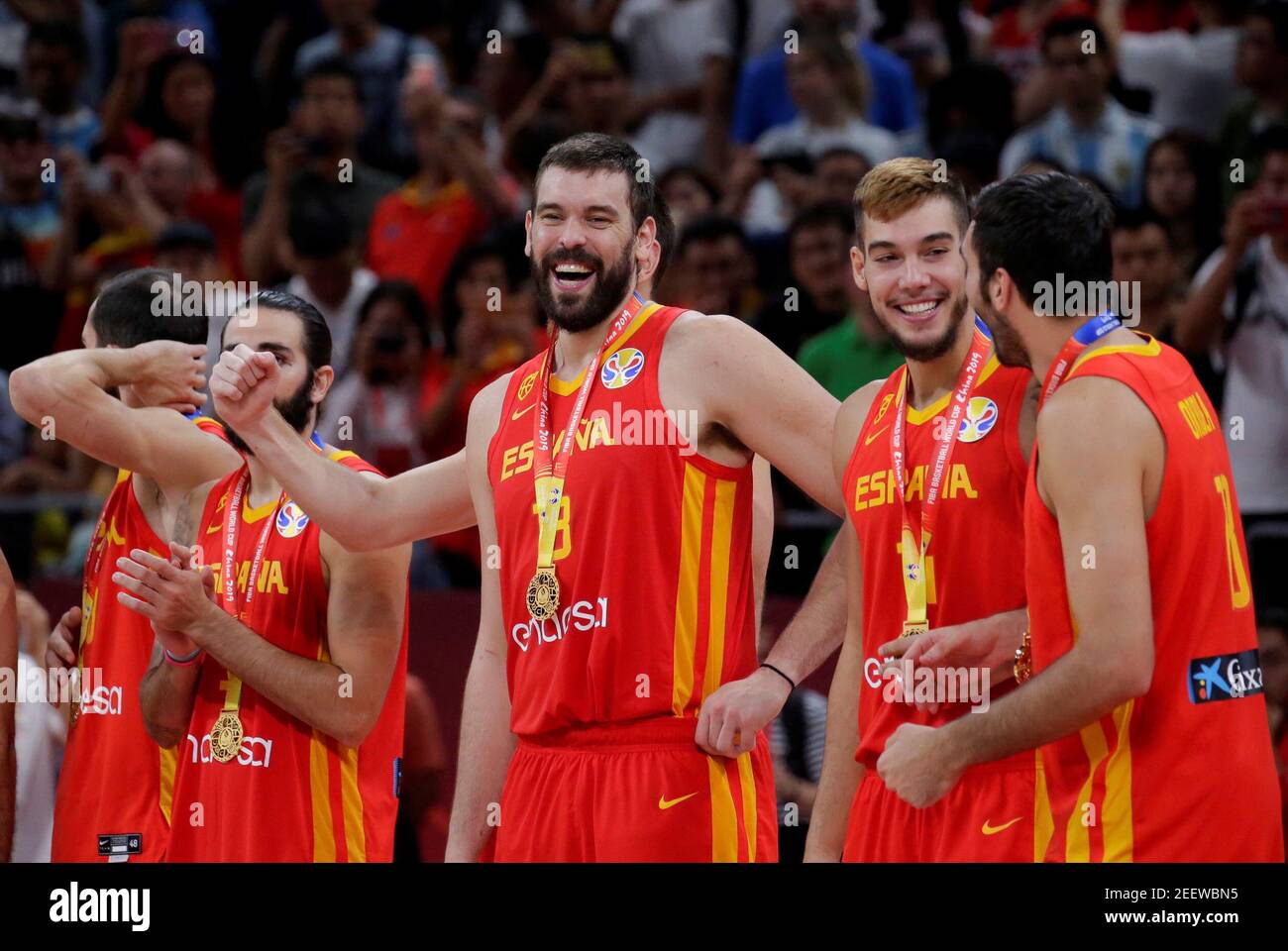 Basketball - FIBA World Cup - Final - Argentina v Spain - Wukesong Sport Arena, Beijing, China - September 15, 2019  Spain's Marc Gasol and team mates celebrate with medals after winning the FIBA World Cup  REUTERS/Jason Lee Stock Photo