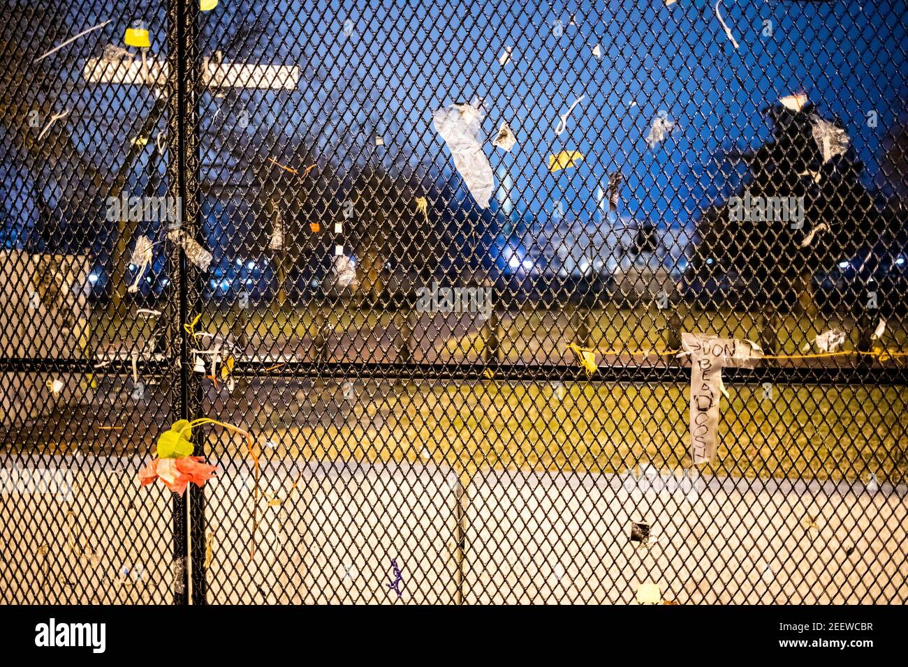 Security fence surrounds White house building after Capitol Hill riots, at night Stock Photo