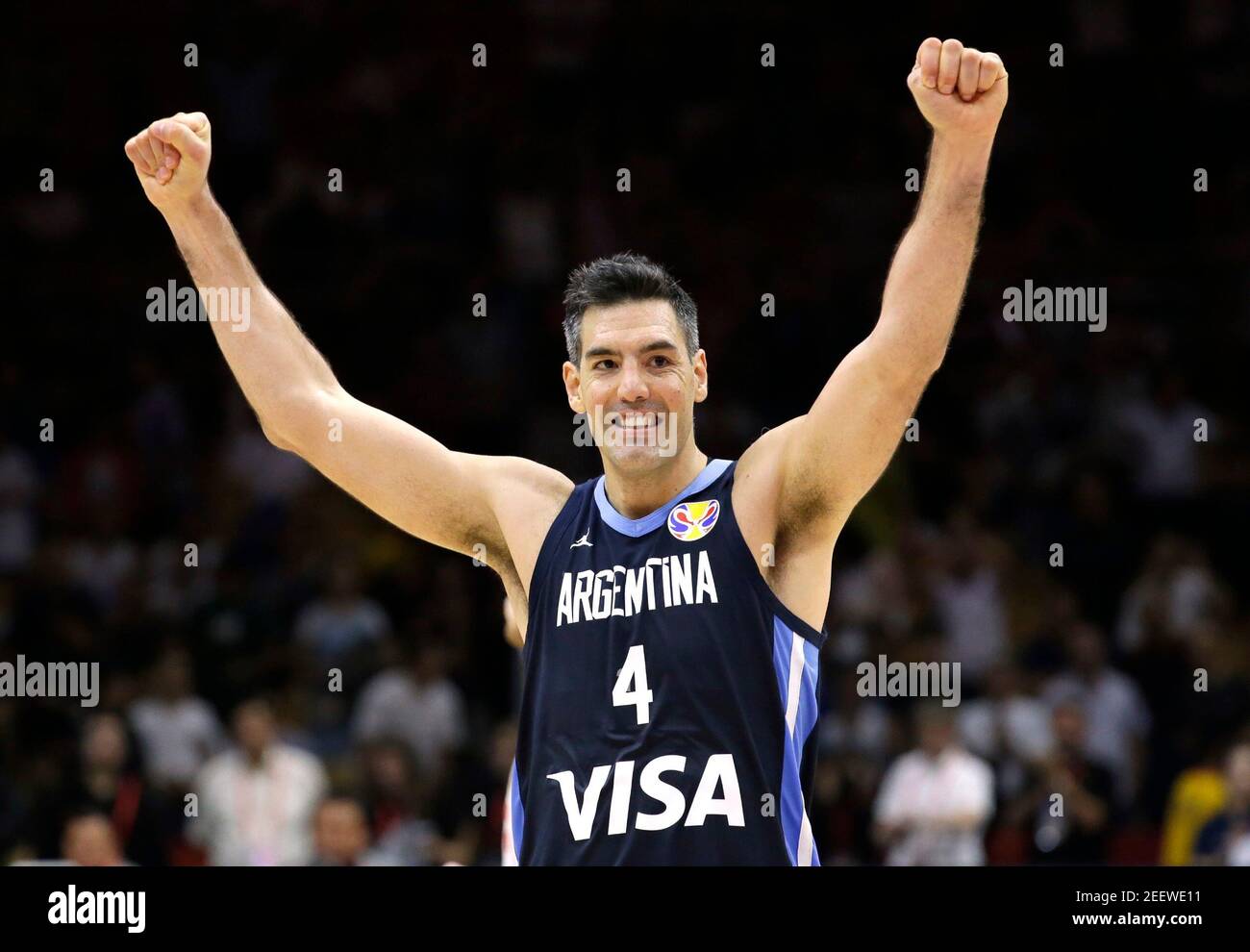 Basketball - FIBA World Cup - First Round - Group B - Russia v Argentina - Wuhan Sports Centre, Wuhan, China - September 4, 2019 Argentina's Luis Scola celebrates victory after the match REUTERS/Jason Lee Stock Photo